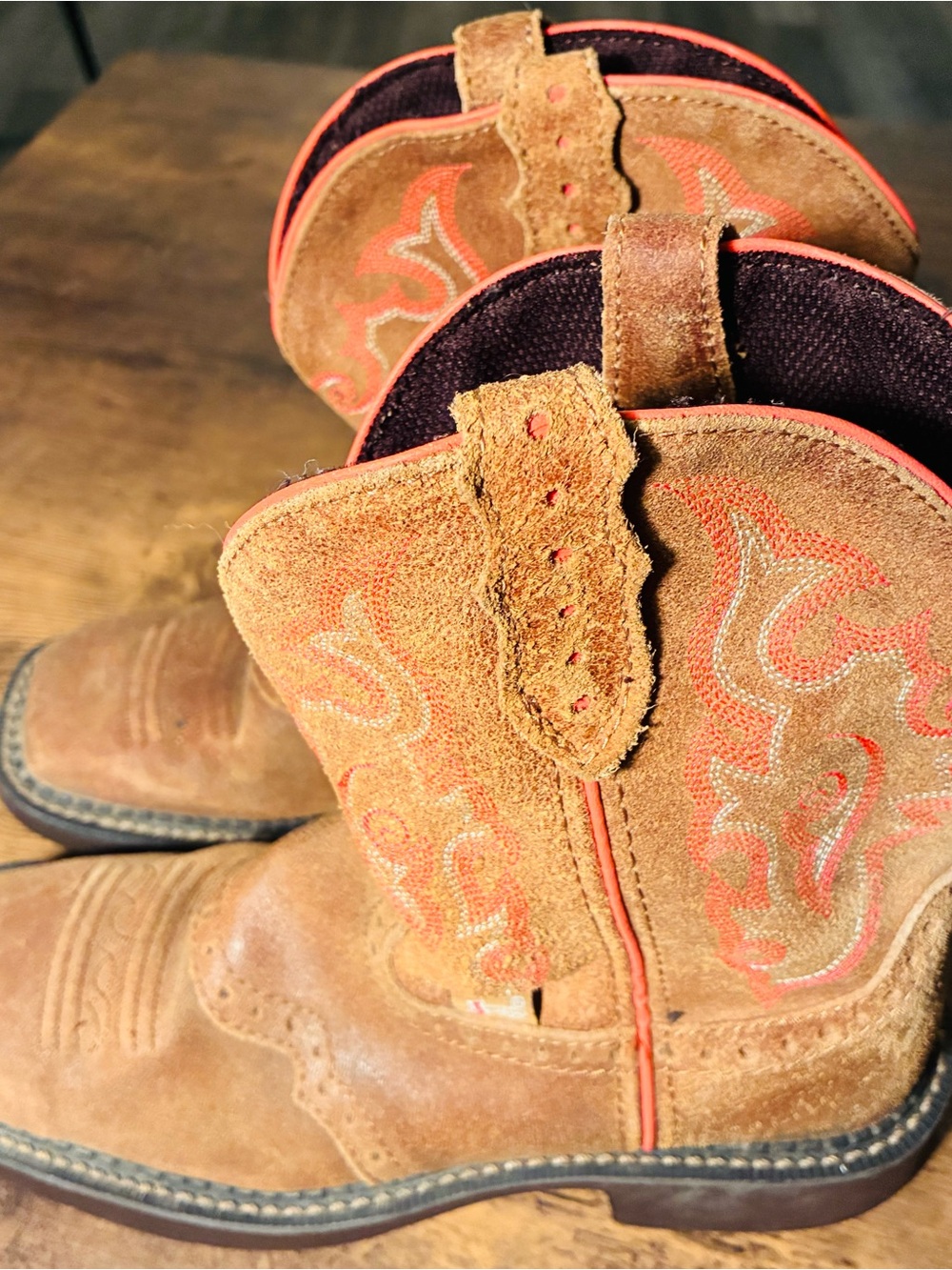 Justin Boots Kids Tan Suede Cowboy Boots with Orange Accent Stitching